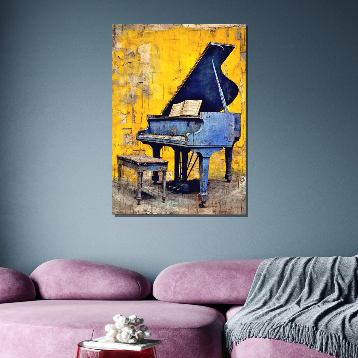 Vintage Blue Piano Art Print -Rustic Music Decor,Yellow Background,Home Wall Art for Musicians, Detailed Art for Musicians, Music Canvas Art