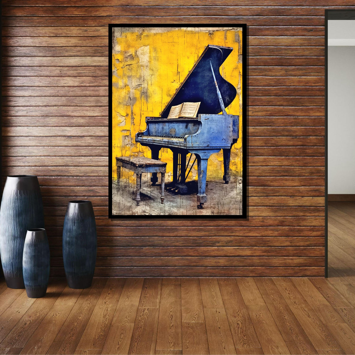 Vintage Blue Piano Art Print -Rustic Music Decor,Yellow Background,Home Wall Art for Musicians, Detailed Art for Musicians, Music Canvas Art