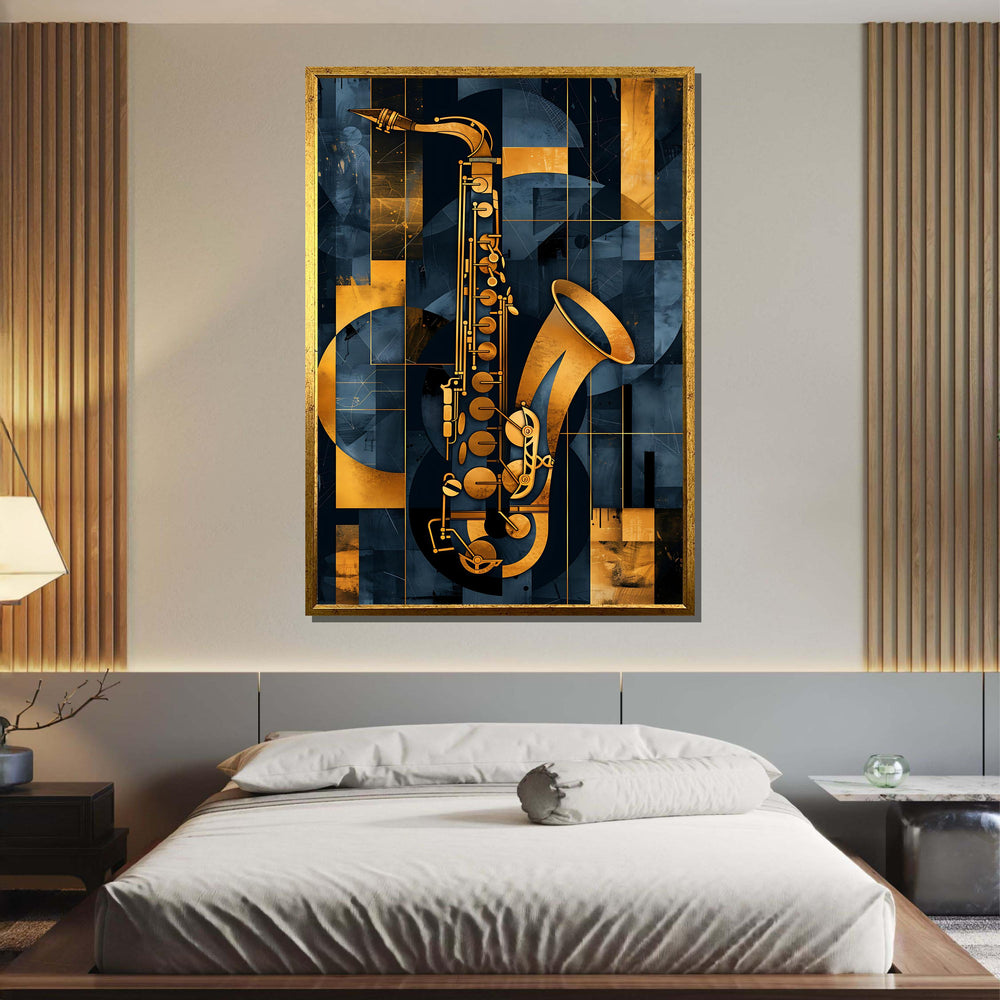Abstract Saxophone Art-Geometric Gold and Blue Music Decor,Modern Jazz Wall Art for Music Lovers,Detailed Art for Musicians,Music Canvas Art