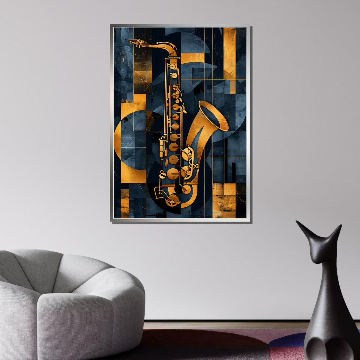 Abstract Saxophone Art-Geometric Gold and Blue Music Decor,Modern Jazz Wall Art for Music Lovers,Detailed Art for Musicians,Music Canvas Art