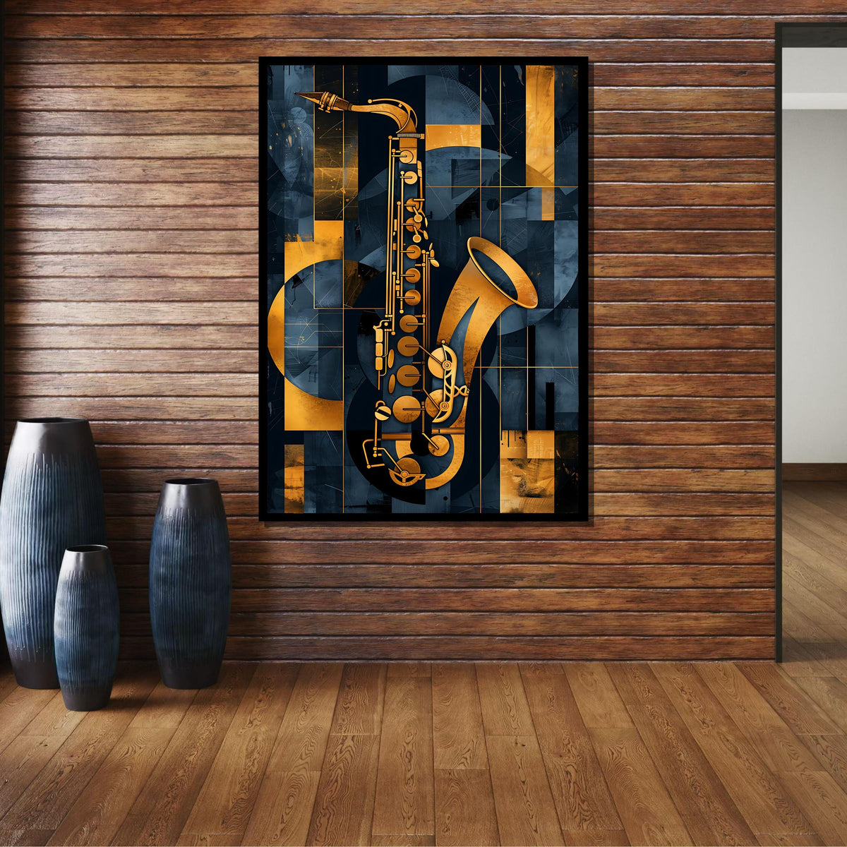 Abstract Saxophone Art-Geometric Gold and Blue Music Decor,Modern Jazz Wall Art for Music Lovers,Detailed Art for Musicians,Music Canvas Art