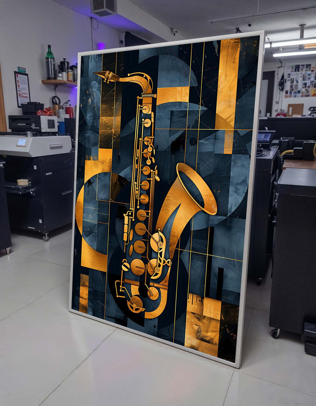 Abstract Saxophone Art-Geometric Gold and Blue Music Decor,Modern Jazz Wall Art for Music Lovers,Detailed Art for Musicians,Music Canvas Art