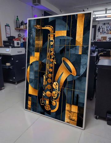 Abstract Saxophone Art-Geometric Gold and Blue Music Decor,Modern Jazz Wall Art for Music Lovers,Detailed Art for Musicians,Music Canvas Art