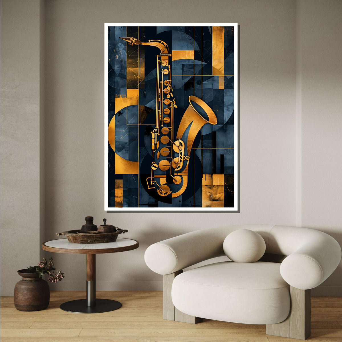 Abstract Saxophone Art-Geometric Gold and Blue Music Decor,Modern Jazz Wall Art for Music Lovers,Detailed Art for Musicians,Music Canvas Art