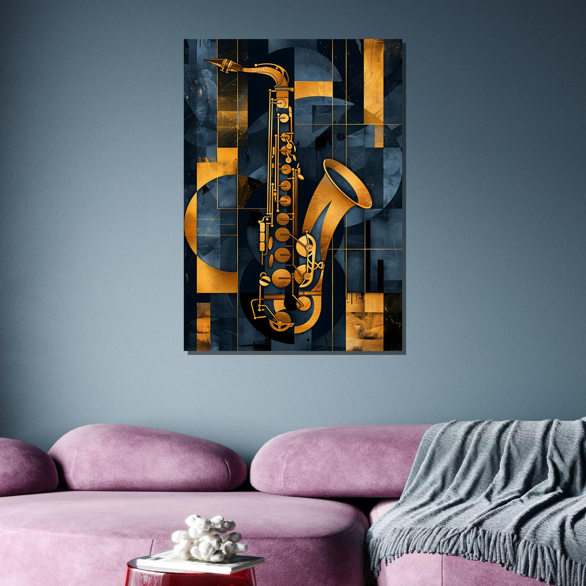 Abstract Saxophone Art-Geometric Gold and Blue Music Decor,Modern Jazz Wall Art for Music Lovers,Detailed Art for Musicians,Music Canvas Art