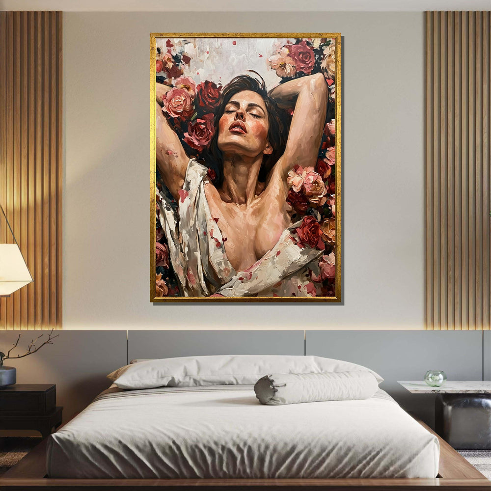 Woman Canvas Art,Reclining Woman with Roses Painting - Romantic Floral Art for Bedroom, Feminine and Sensual Decor Print, Ready to Hang