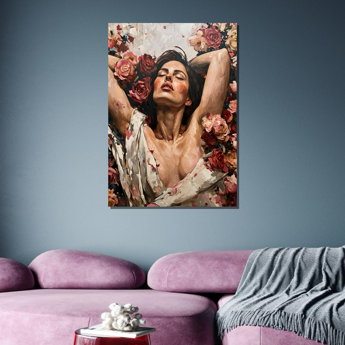 Woman Canvas Art,Reclining Woman with Roses Painting - Romantic Floral Art for Bedroom, Feminine and Sensual Decor Print, Ready to Hang