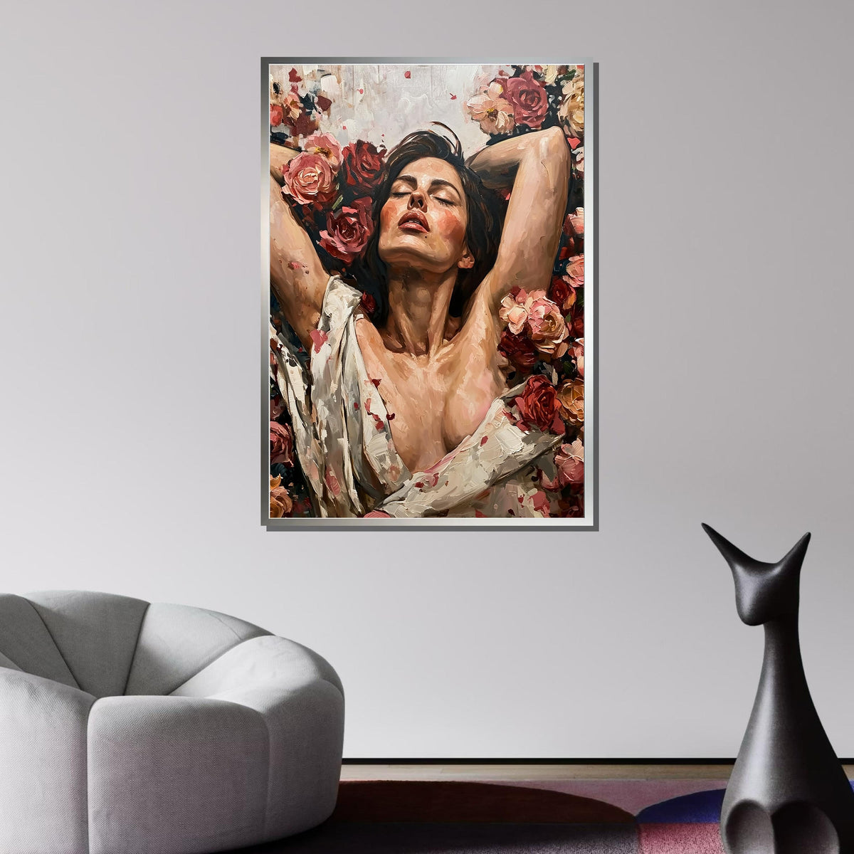 Woman Canvas Art,Reclining Woman with Roses Painting - Romantic Floral Art for Bedroom, Feminine and Sensual Decor Print, Ready to Hang