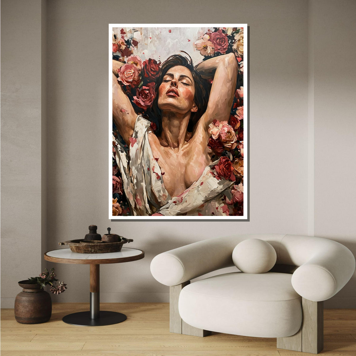 Woman Canvas Art,Reclining Woman with Roses Painting - Romantic Floral Art for Bedroom, Feminine and Sensual Decor Print, Ready to Hang