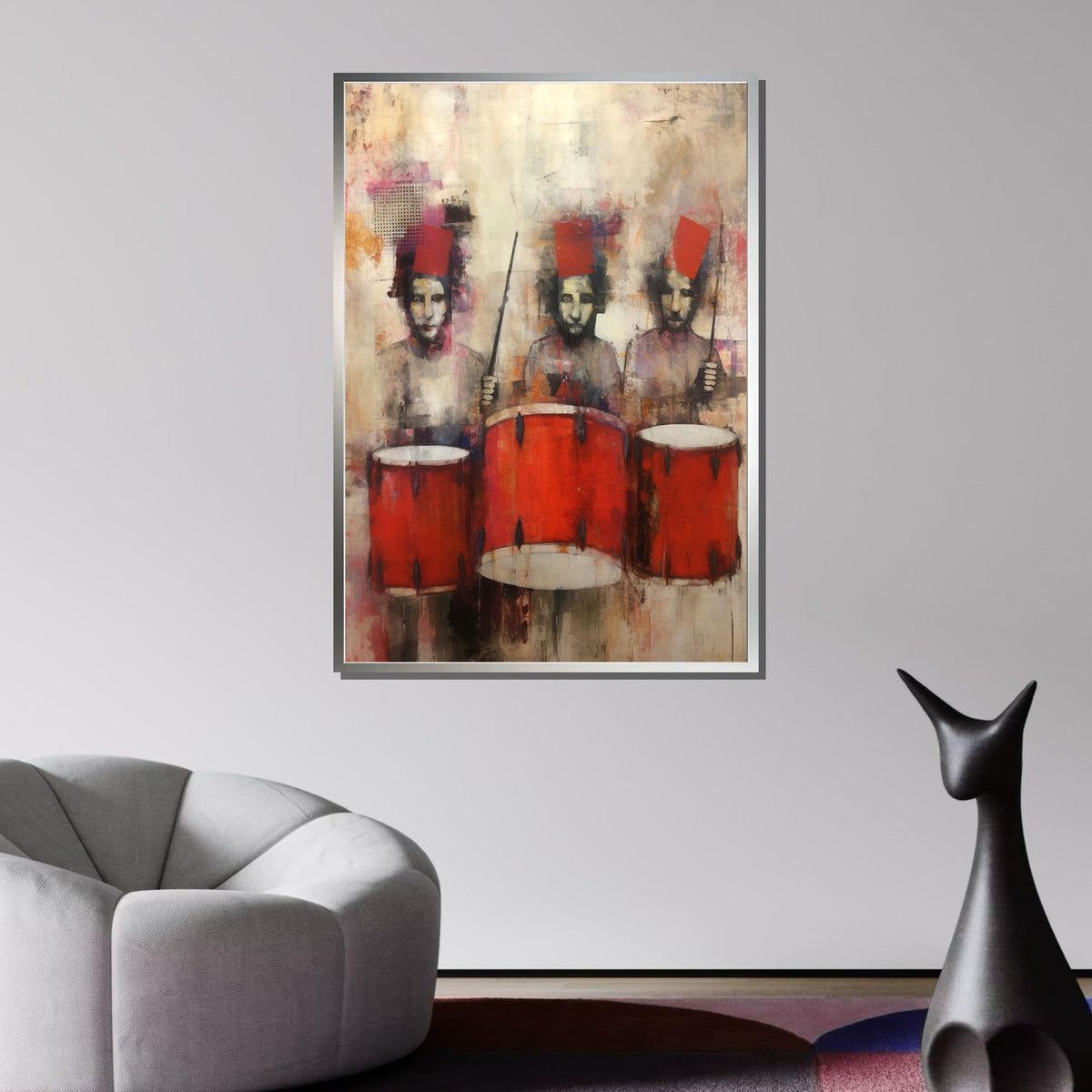 Abstract Drummers with Red Drums Painting -Bold Musician Wall Art,Modern Jazz and Rhythm Decor for Music Room,Jazz Wall Art,Music Canvas Art