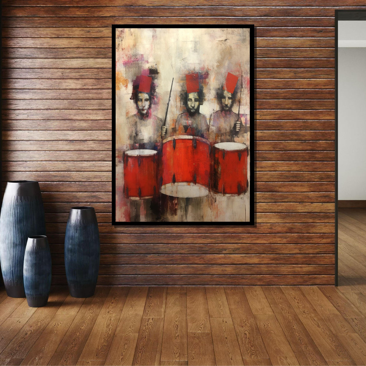 Abstract Drummers with Red Drums Painting -Bold Musician Wall Art,Modern Jazz and Rhythm Decor for Music Room,Jazz Wall Art,Music Canvas Art