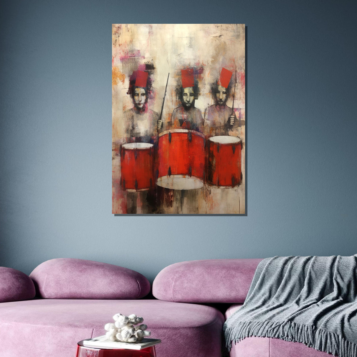 Abstract Drummers with Red Drums Painting -Bold Musician Wall Art,Modern Jazz and Rhythm Decor for Music Room,Jazz Wall Art,Music Canvas Art