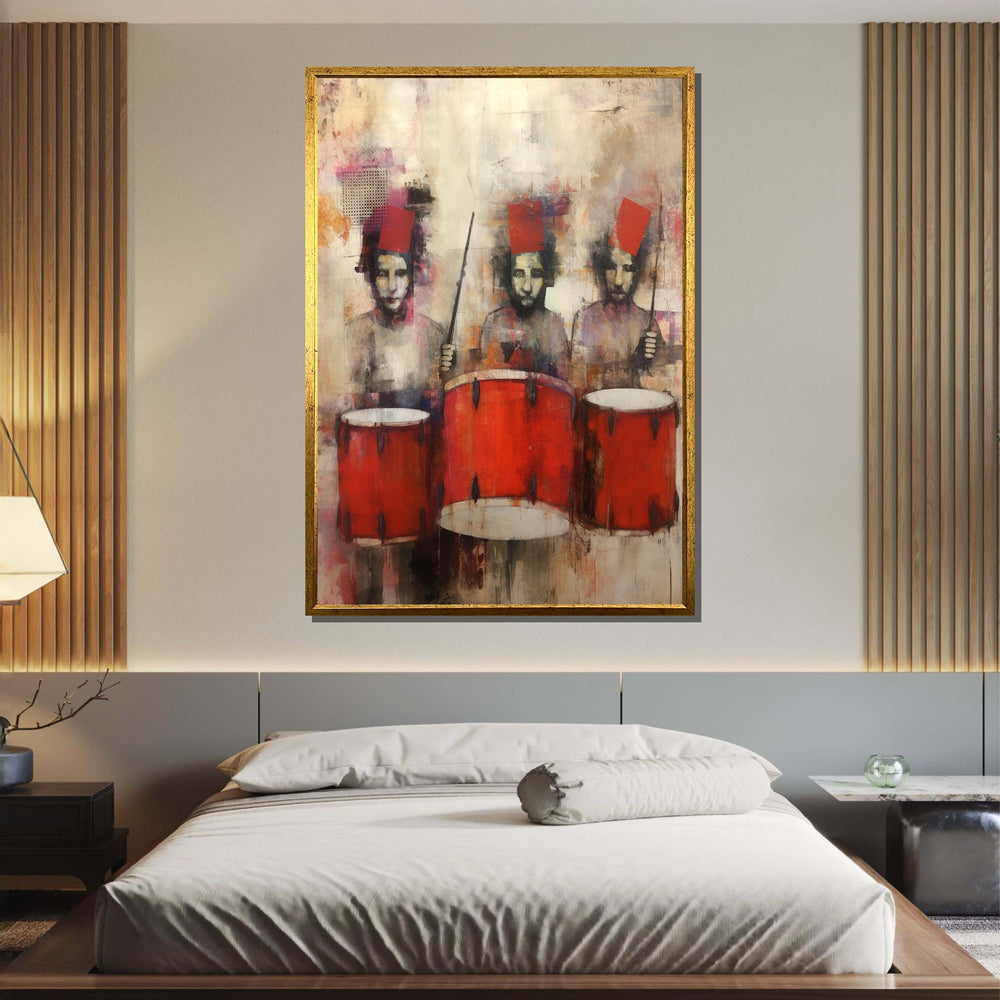 Abstract Drummers with Red Drums Painting -Bold Musician Wall Art,Modern Jazz and Rhythm Decor for Music Room,Jazz Wall Art,Music Canvas Art