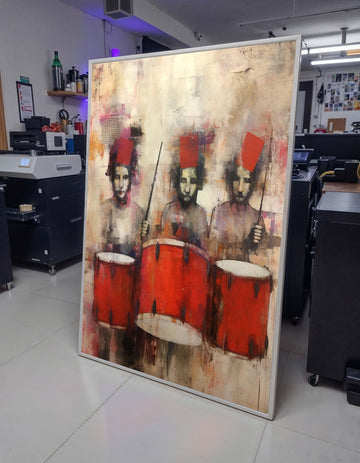 Abstract Drummers with Red Drums Painting -Bold Musician Wall Art,Modern Jazz and Rhythm Decor for Music Room,Jazz Wall Art,Music Canvas Art