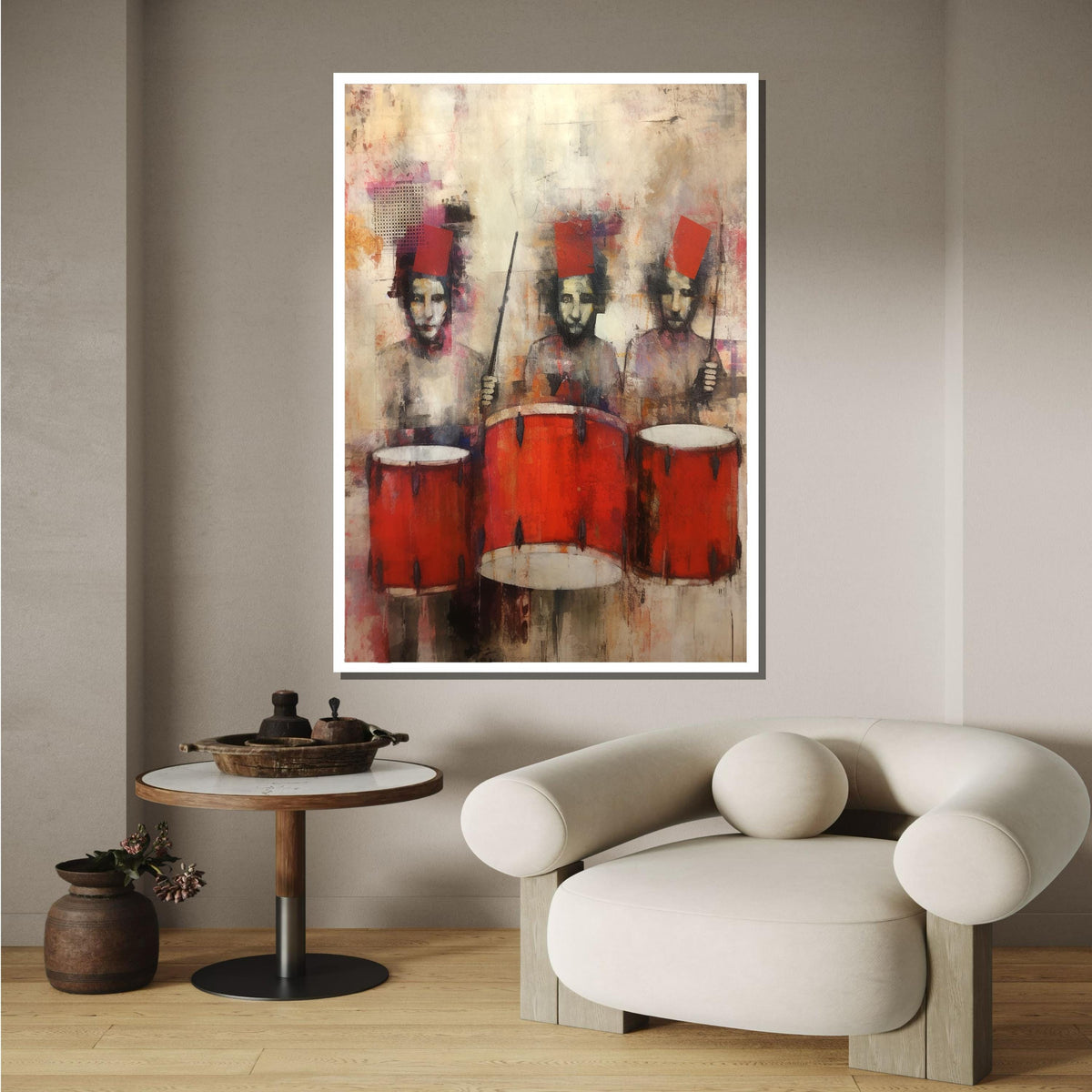 Abstract Drummers with Red Drums Painting -Bold Musician Wall Art,Modern Jazz and Rhythm Decor for Music Room,Jazz Wall Art,Music Canvas Art