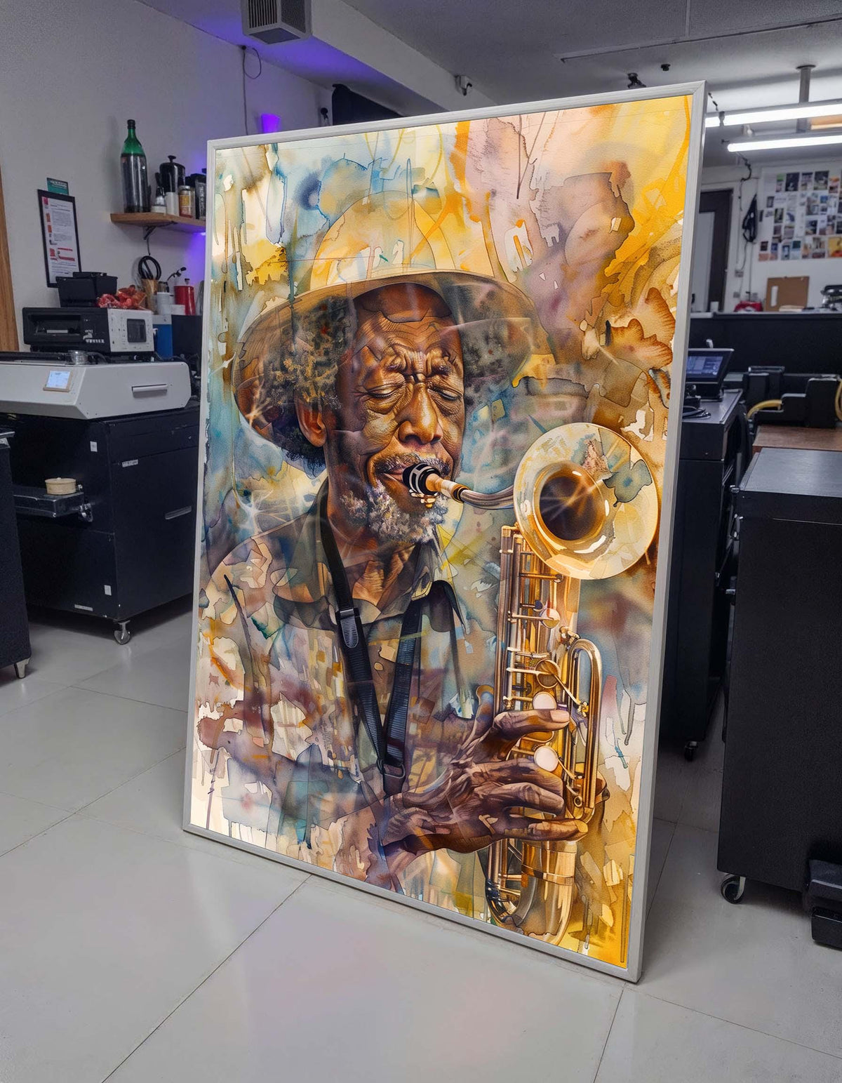 Abstract Saxophone Player Portrait - Colorful Jazz Art, Elderly Musician with Sax, Artistic Wall Decor for Music Lovers,Music Canvas Art