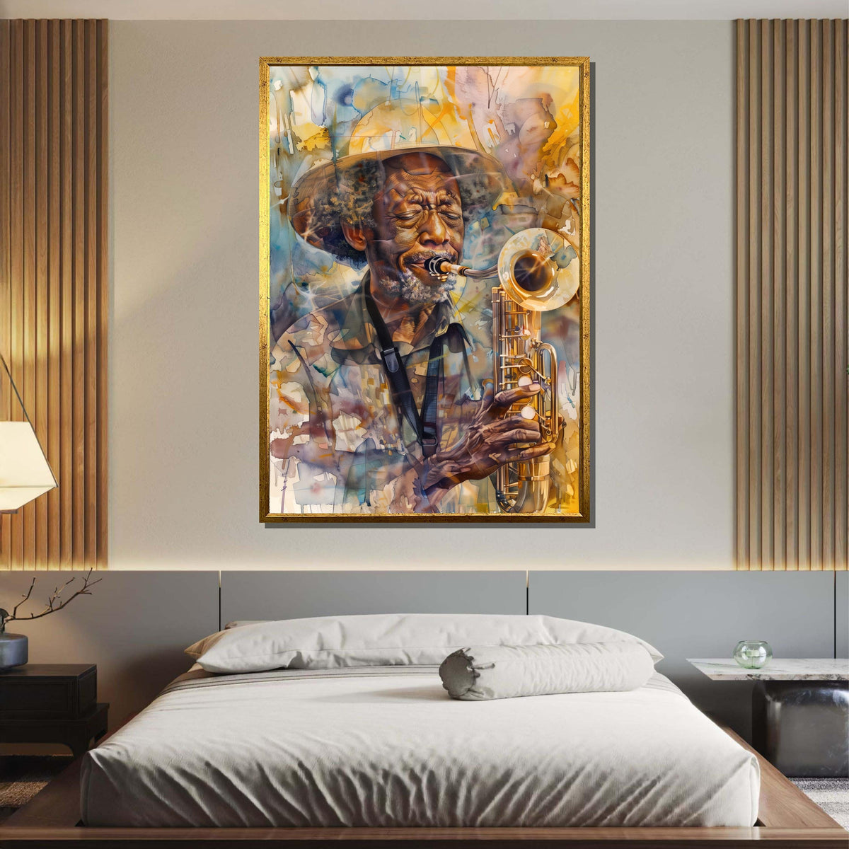 Abstract Saxophone Player Portrait - Colorful Jazz Art, Elderly Musician with Sax, Artistic Wall Decor for Music Lovers,Music Canvas Art