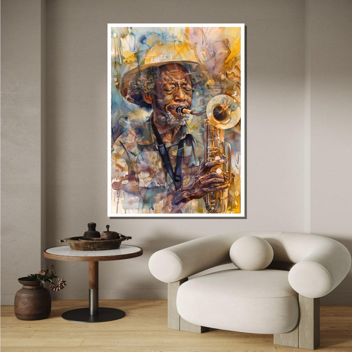 Abstract Saxophone Player Portrait - Colorful Jazz Art, Elderly Musician with Sax, Artistic Wall Decor for Music Lovers,Music Canvas Art