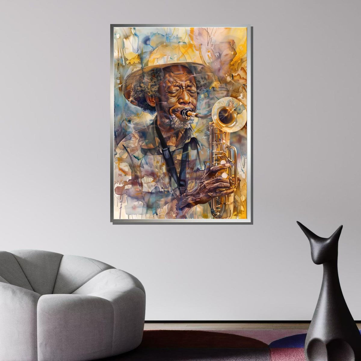 Abstract Saxophone Player Portrait - Colorful Jazz Art, Elderly Musician with Sax, Artistic Wall Decor for Music Lovers,Music Canvas Art