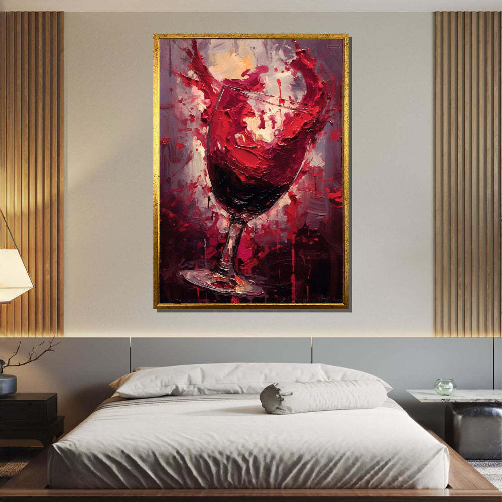 Abstract Splashing Wine Glass Art - Bold Red Wine Decor for Dining Room, Expressive Paint Splatter Wall Print, Perfect Gift for Wine Lovers