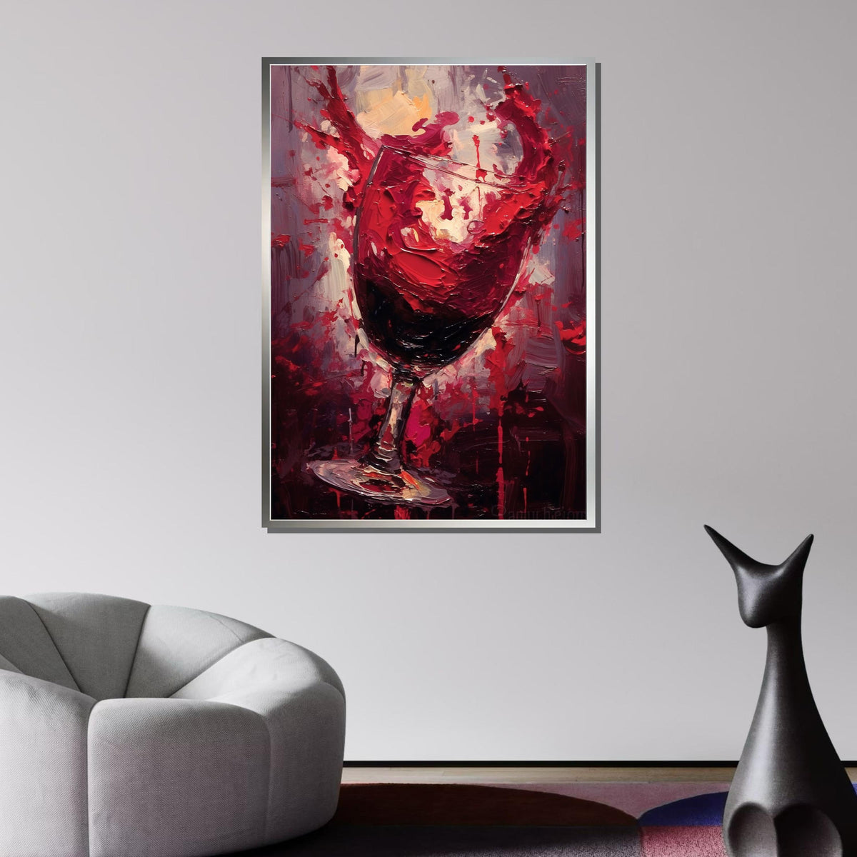 Abstract Splashing Wine Glass Art - Bold Red Wine Decor for Dining Room, Expressive Paint Splatter Wall Print, Perfect Gift for Wine Lovers