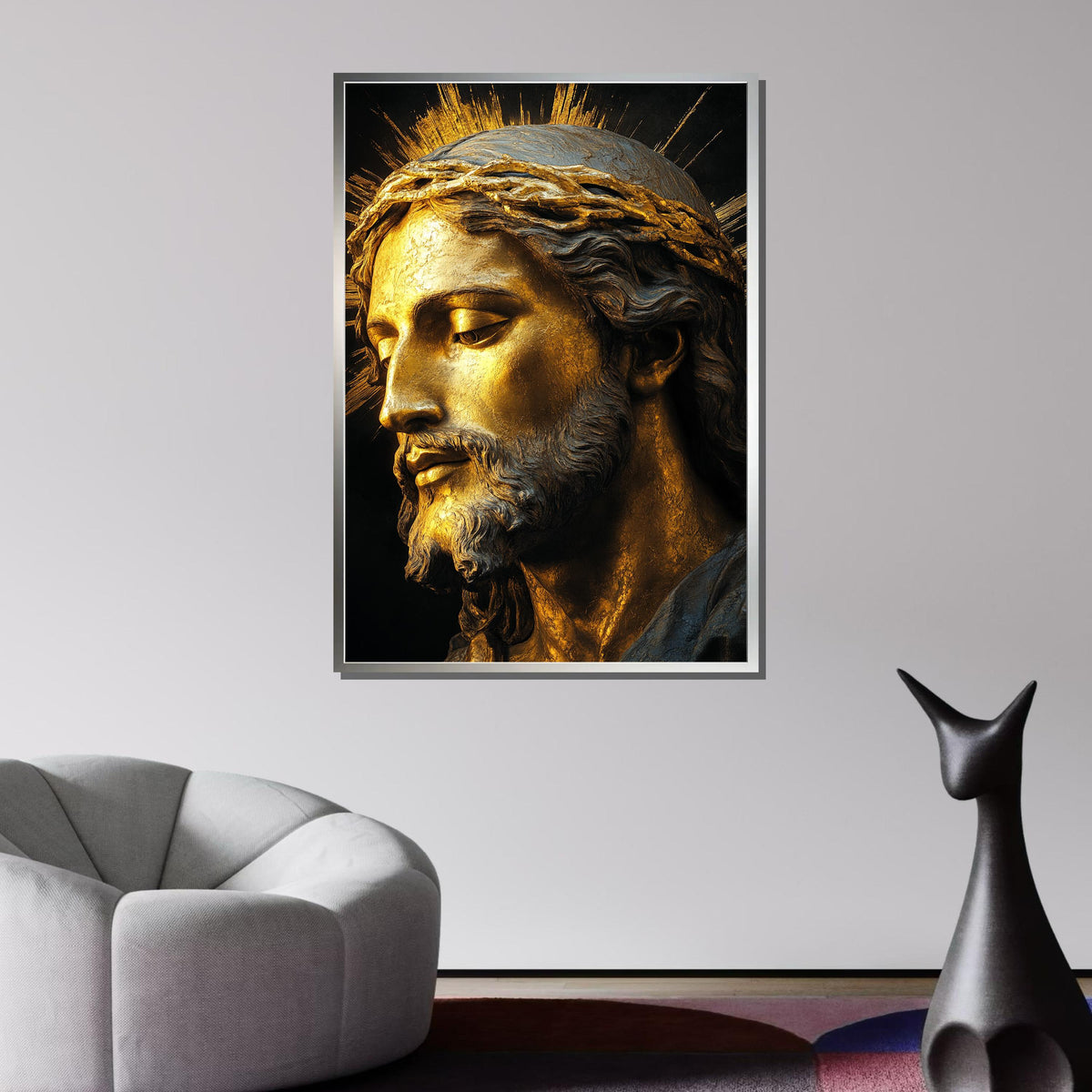 Golden Jesus Portrait with Crown of Thorns-Religious Wall Art for Faithful,Spiritual Wall Decor,Divine Light Modern Canvas ,Christian Gift