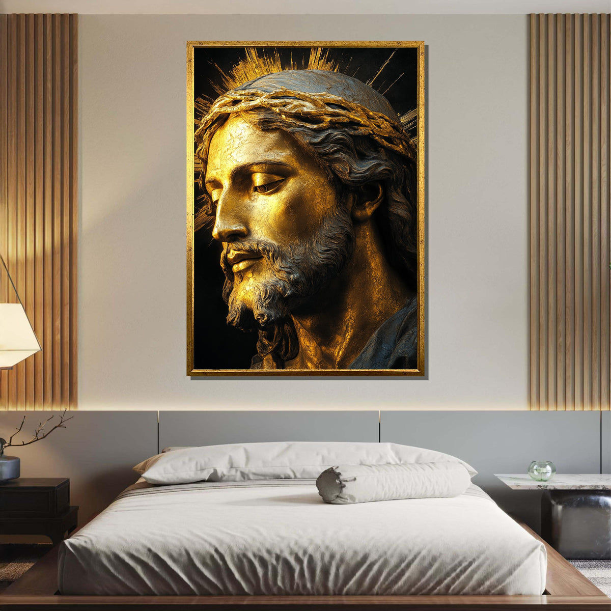 Golden Jesus Portrait with Crown of Thorns-Religious Wall Art for Faithful,Spiritual Wall Decor,Divine Light Modern Canvas ,Christian Gift