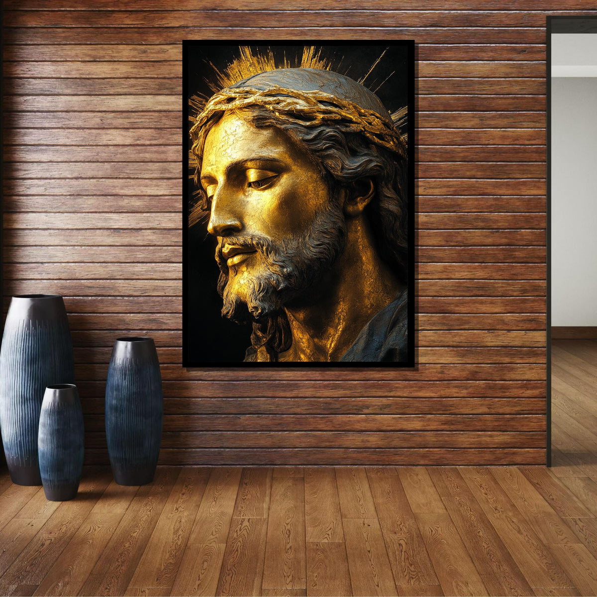 Golden Jesus Portrait with Crown of Thorns-Religious Wall Art for Faithful,Spiritual Wall Decor,Divine Light Modern Canvas ,Christian Gift