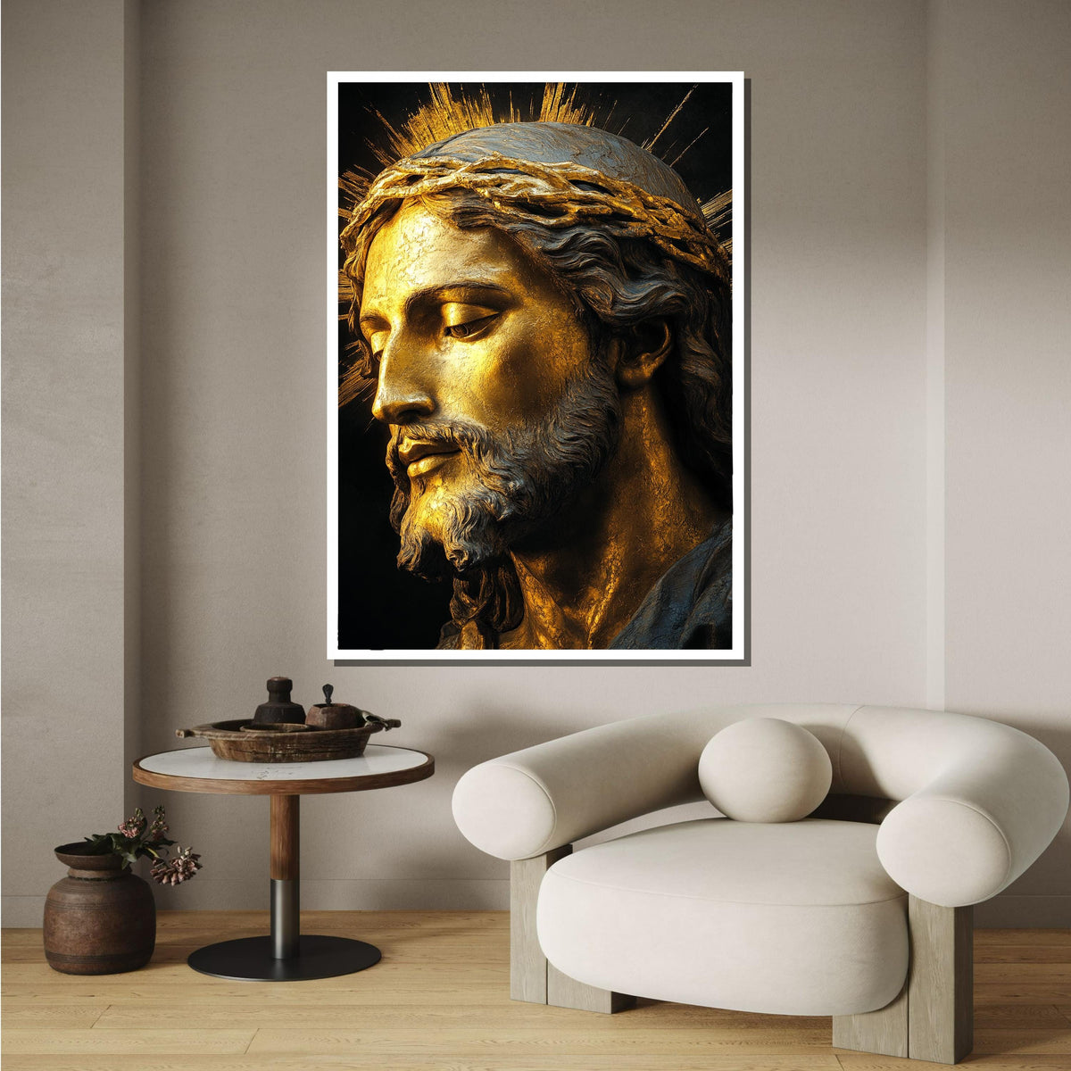 Golden Jesus Portrait with Crown of Thorns-Religious Wall Art for Faithful,Spiritual Wall Decor,Divine Light Modern Canvas ,Christian Gift