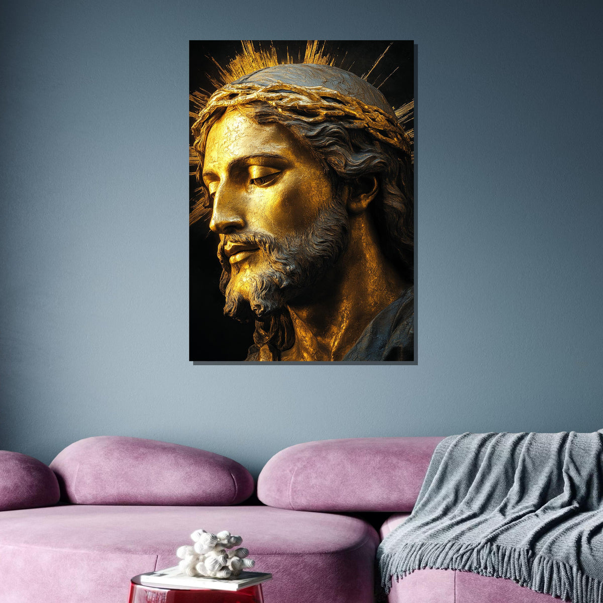 Golden Jesus Portrait with Crown of Thorns-Religious Wall Art for Faithful,Spiritual Wall Decor,Divine Light Modern Canvas ,Christian Gift