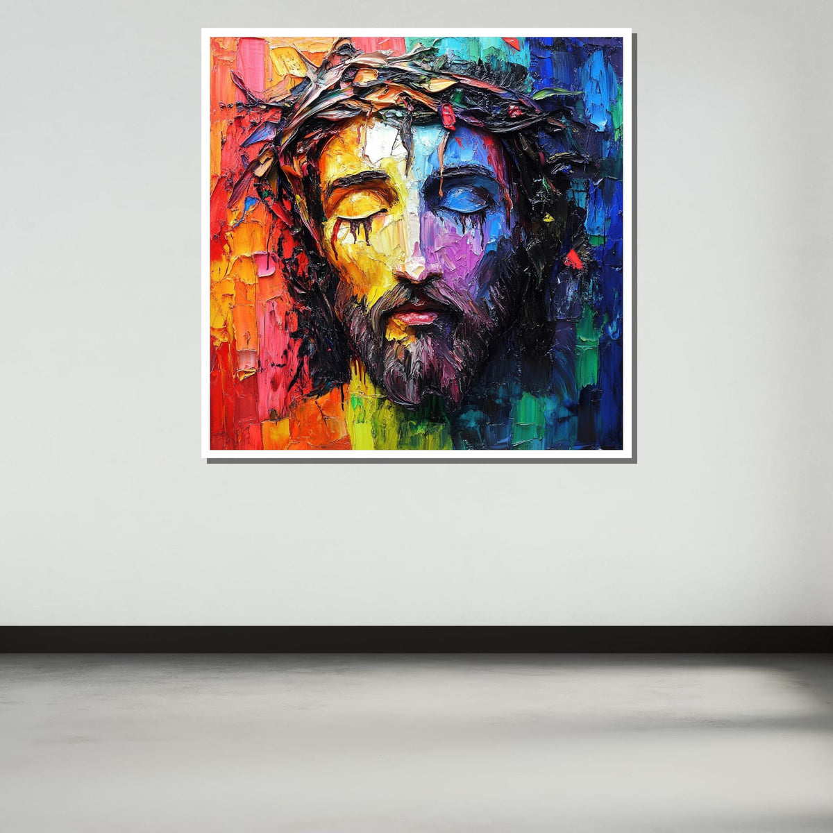 Colorful Jesus Portrait with Crown of Thorns - Modern Religious Wall Art for Vibrant Decor,Spiritual Wall Decor,Divine Light Canvas