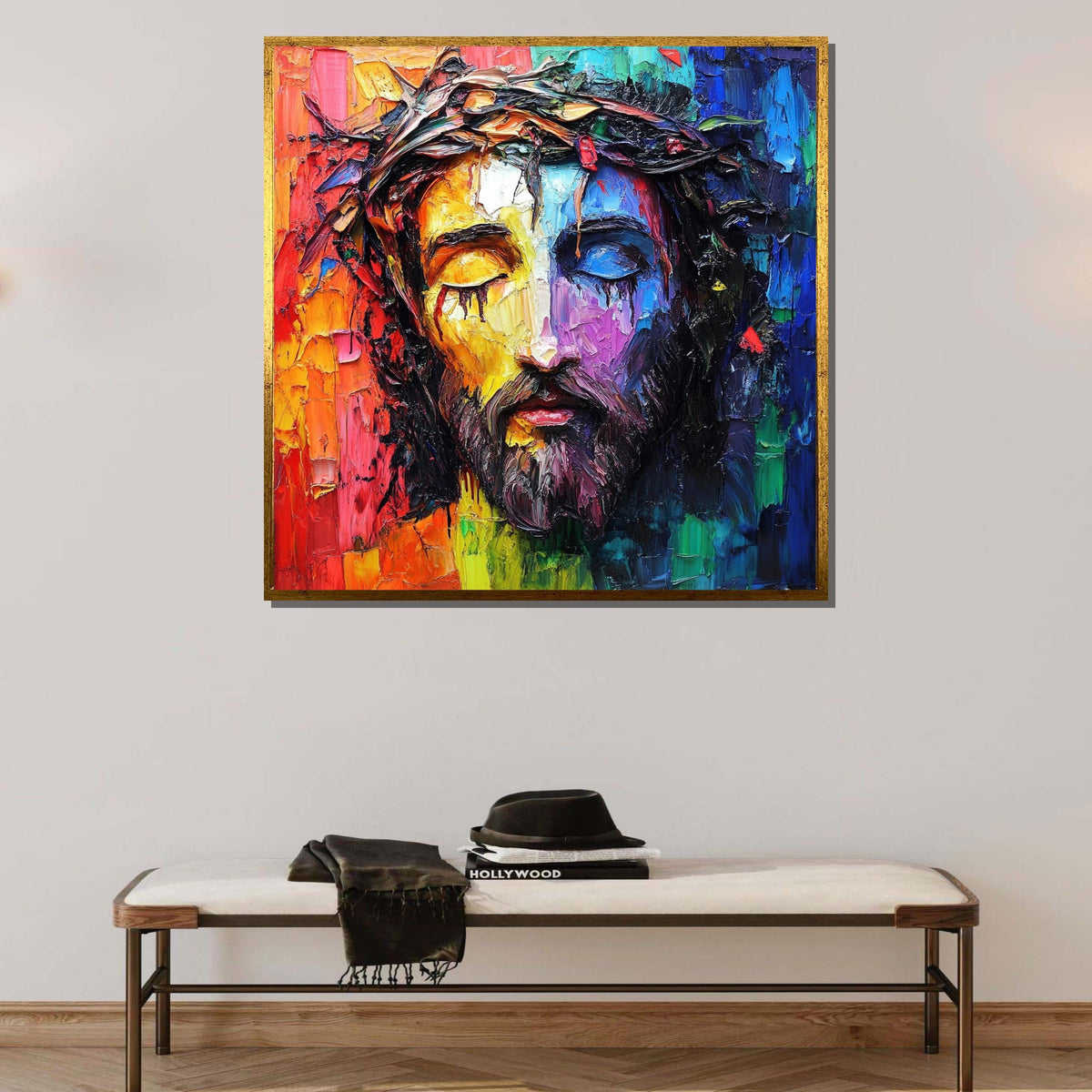 Colorful Jesus Portrait with Crown of Thorns - Modern Religious Wall Art for Vibrant Decor,Spiritual Wall Decor,Divine Light Canvas
