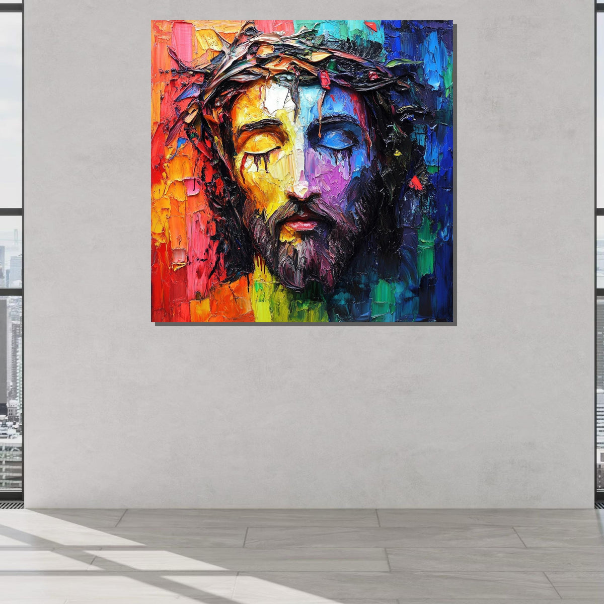 Colorful Jesus Portrait with Crown of Thorns - Modern Religious Wall Art for Vibrant Decor,Spiritual Wall Decor,Divine Light Canvas