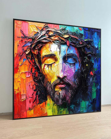 Colorful Jesus Portrait with Crown of Thorns - Modern Religious Wall Art for Vibrant Decor,Spiritual Wall Decor,Divine Light Canvas