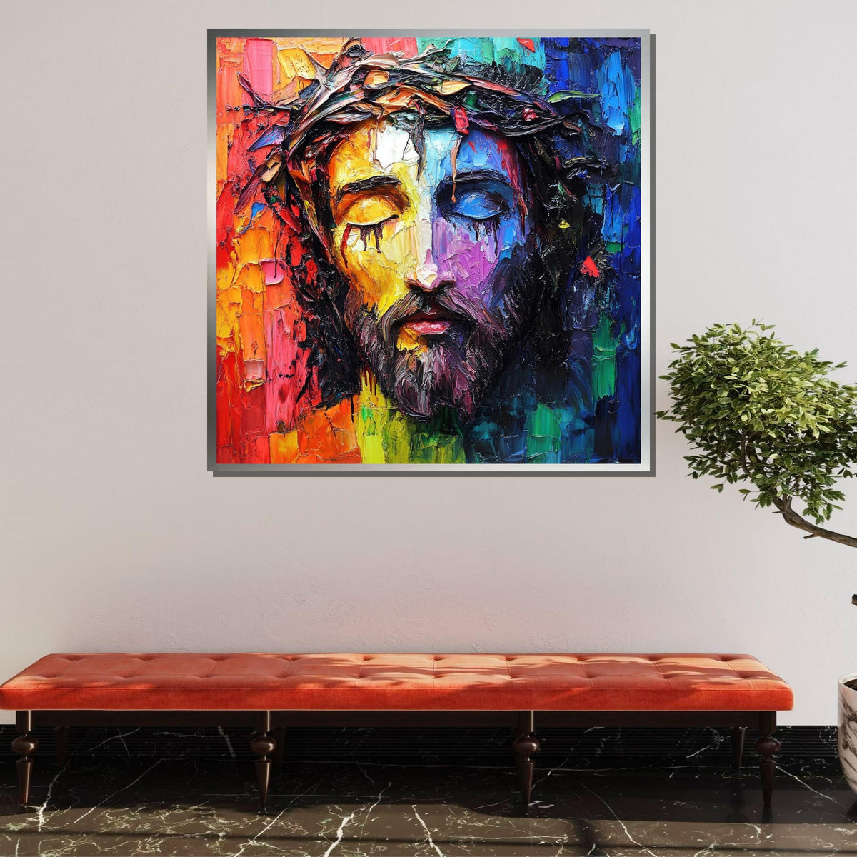 Colorful Jesus Portrait with Crown of Thorns - Modern Religious Wall Art for Vibrant Decor,Spiritual Wall Decor,Divine Light Canvas