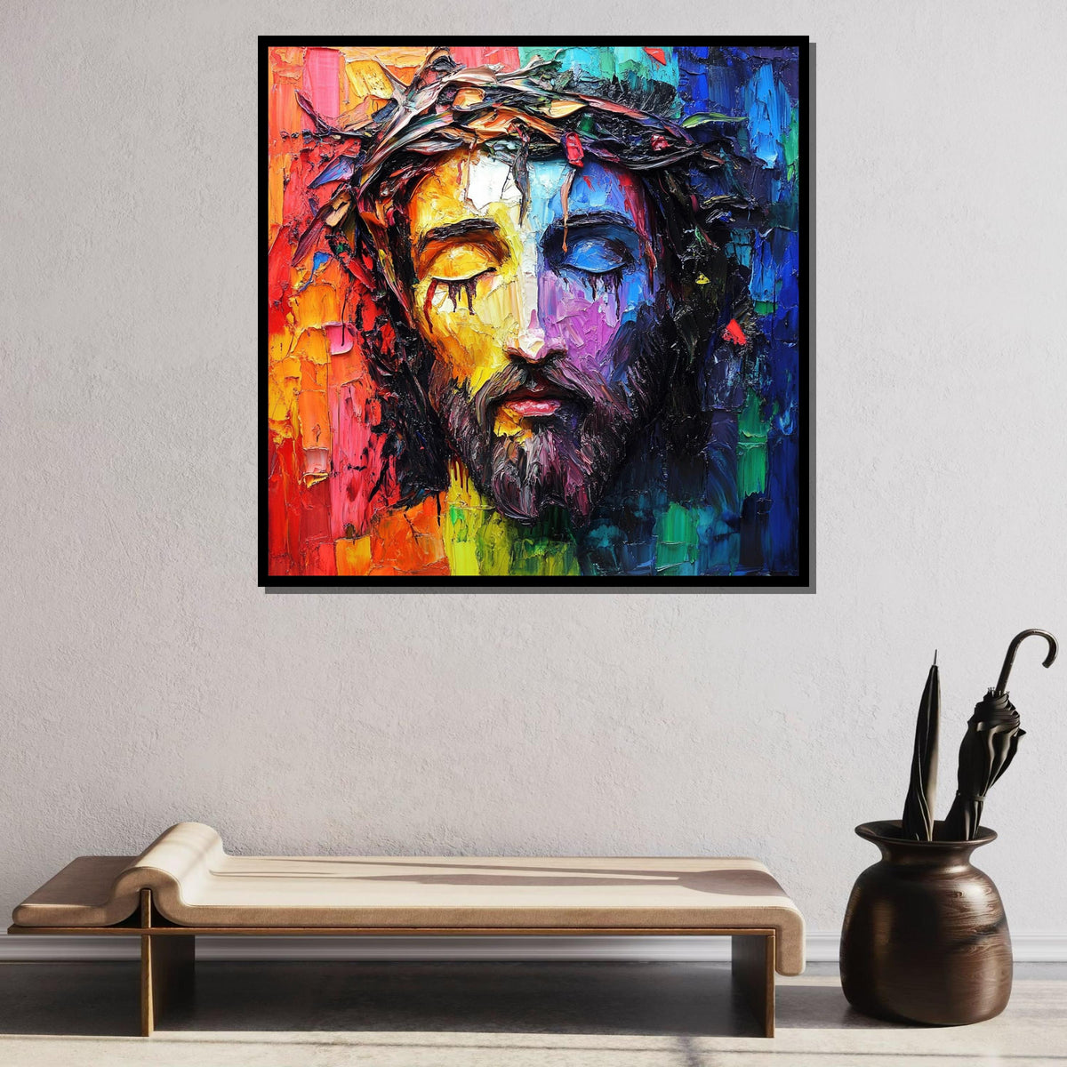 Colorful Jesus Portrait with Crown of Thorns - Modern Religious Wall Art for Vibrant Decor,Spiritual Wall Decor,Divine Light Canvas