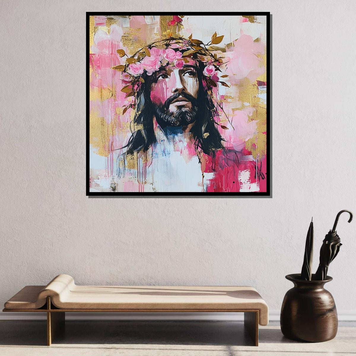 Jesus with Flower Crown - Feminine Religious Art Print for Faithful Home Decor,Spiritual Wall Decor,Divine Light Canvas ,Christian Gift