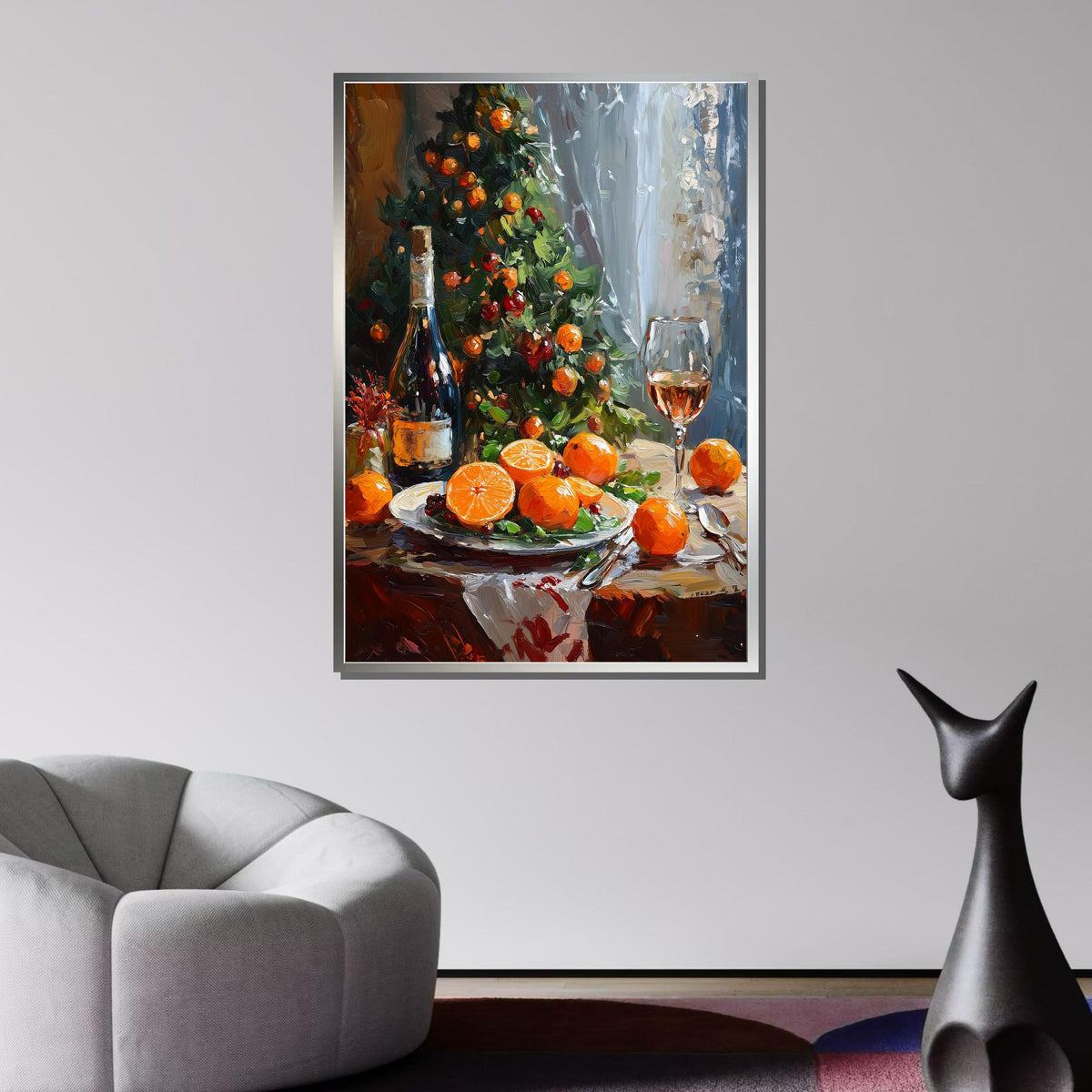 Festive Christmas Table with Oranges and Wine - Cozy Holiday Still Life Art Print, Large Wall Art Living Room Art,Framed Ready to Hang