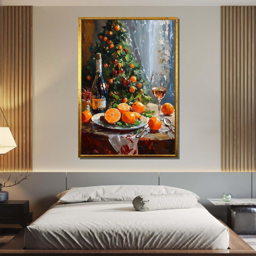 Festive Christmas Table with Oranges and Wine - Cozy Holiday Still Life Art Print, Large Wall Art Living Room Art,Framed Ready to Hang