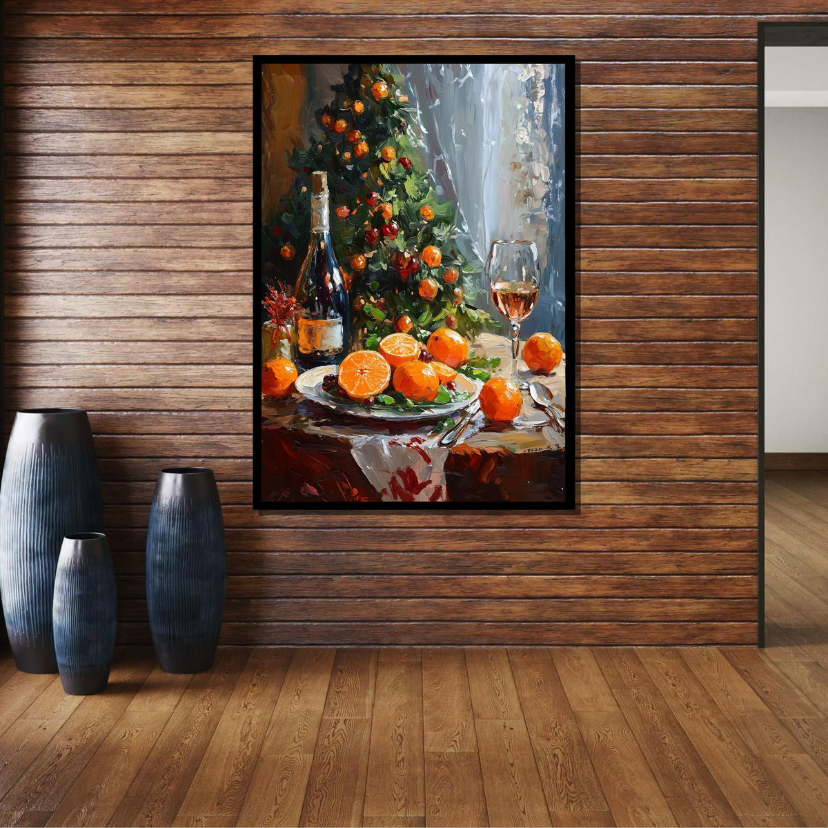 Festive Christmas Table with Oranges and Wine - Cozy Holiday Still Life Art Print, Large Wall Art Living Room Art,Framed Ready to Hang