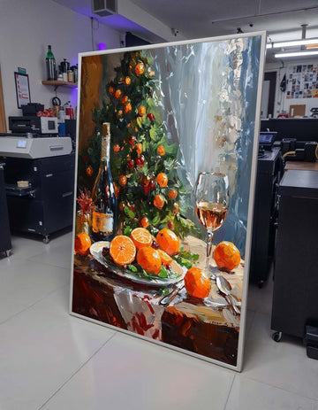 Festive Christmas Table with Oranges and Wine - Cozy Holiday Still Life Art Print, Large Wall Art Living Room Art,Framed Ready to Hang