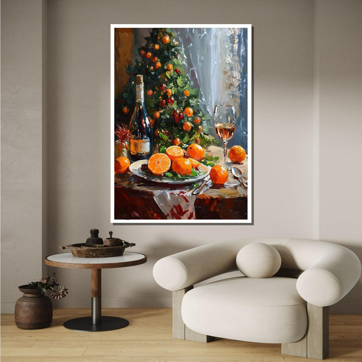 Festive Christmas Table with Oranges and Wine - Cozy Holiday Still Life Art Print, Large Wall Art Living Room Art,Framed Ready to Hang