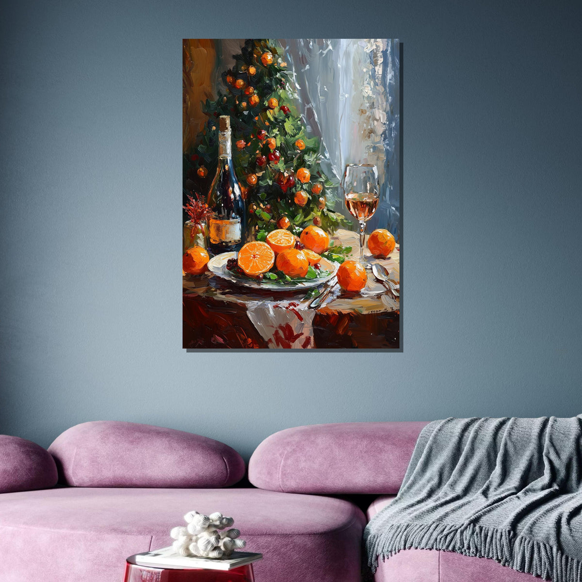 Festive Christmas Table with Oranges and Wine - Cozy Holiday Still Life Art Print, Large Wall Art Living Room Art,Framed Ready to Hang