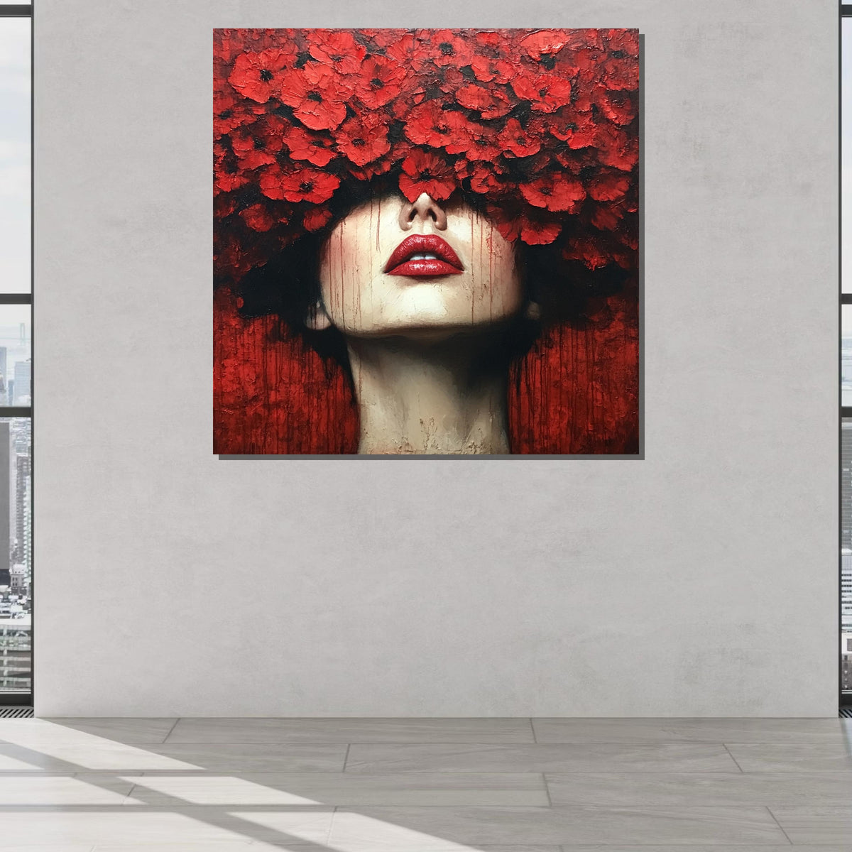 Red Floral Woman Portrait-Bold Artistic Wall Art with Poppies for Contemporary Home Decor,Large Wall Art Living Room Art,Framed Ready toHang