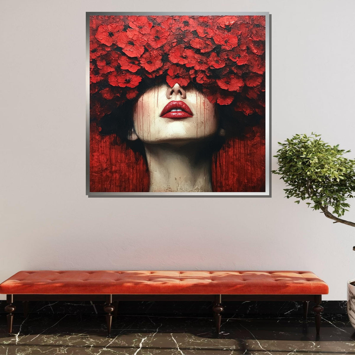 Red Floral Woman Portrait-Bold Artistic Wall Art with Poppies for Contemporary Home Decor,Large Wall Art Living Room Art,Framed Ready toHang