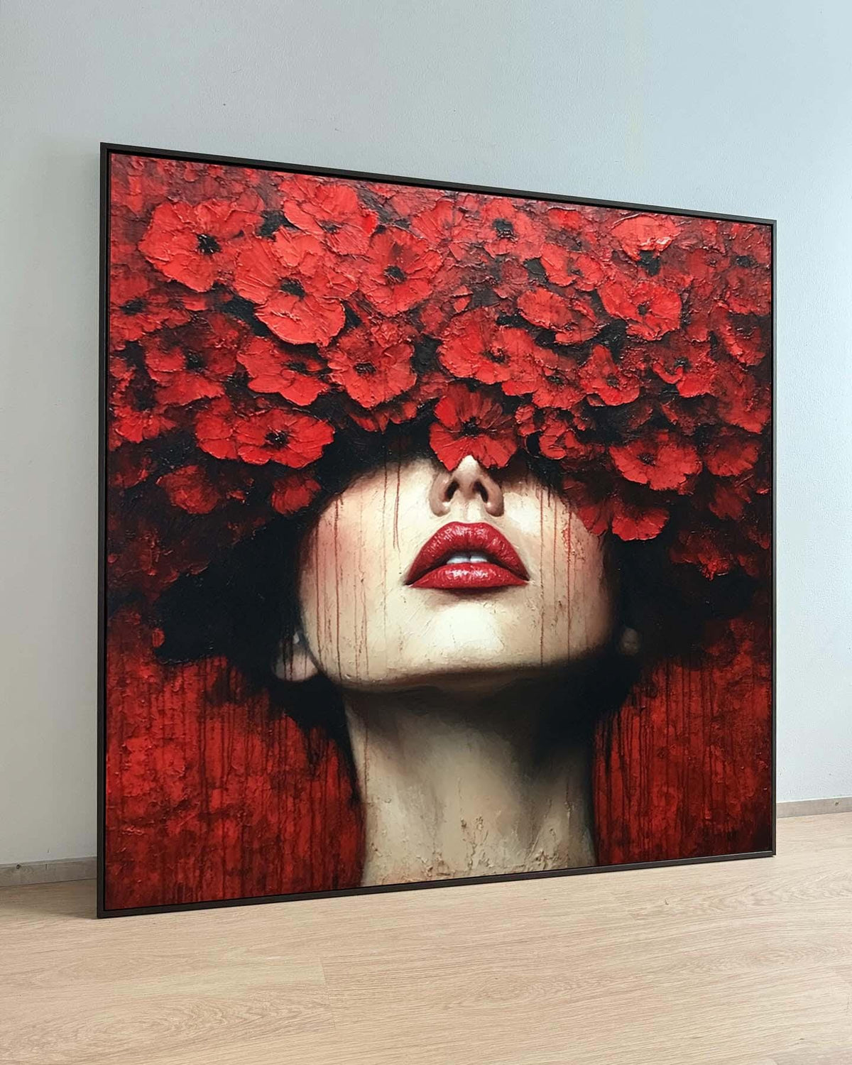 Red Floral Woman Portrait-Bold Artistic Wall Art with Poppies for Contemporary Home Decor,Large Wall Art Living Room Art,Framed Ready toHang