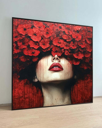 Red Floral Woman Portrait-Bold Artistic Wall Art with Poppies for Contemporary Home Decor,Large Wall Art Living Room Art,Framed Ready toHang