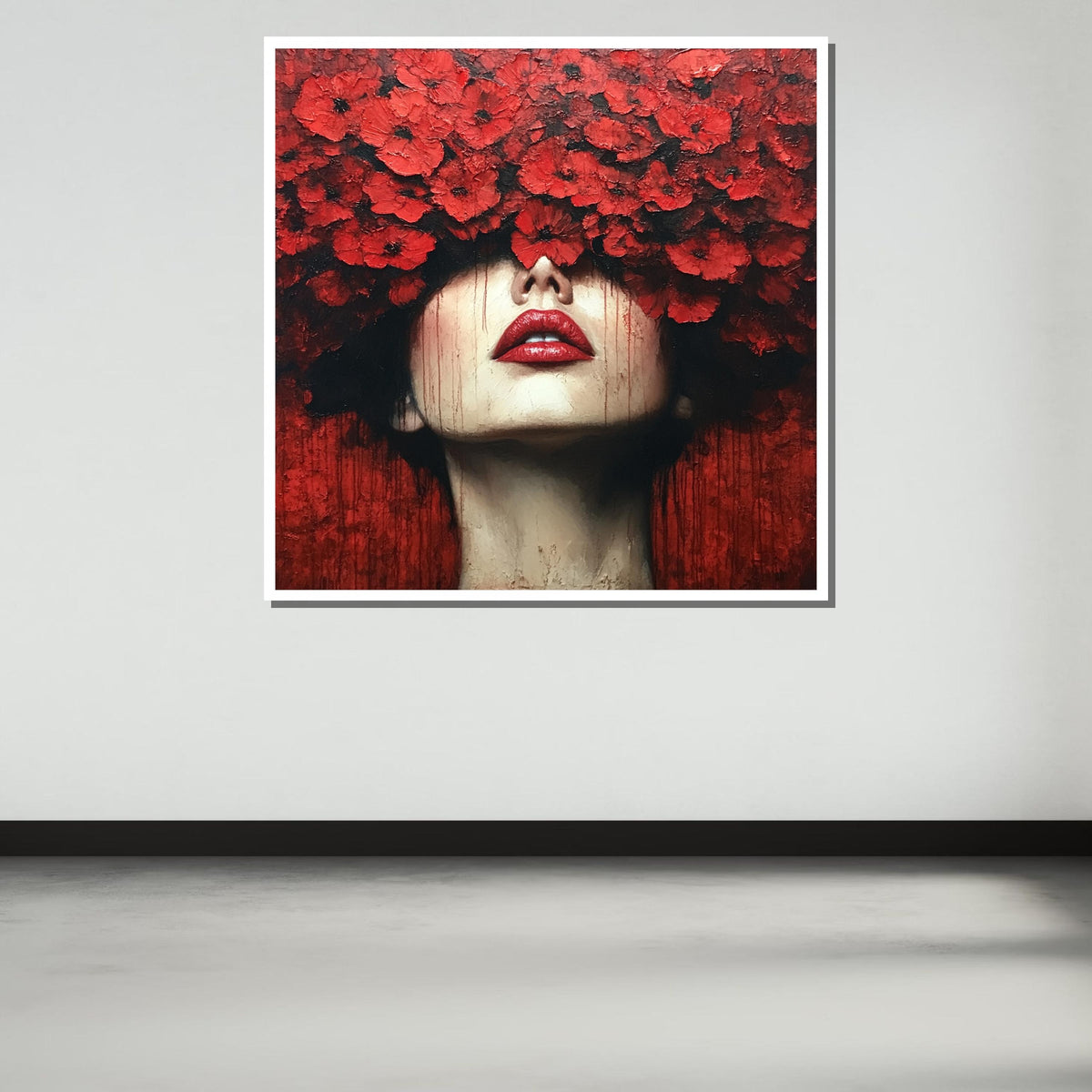 Red Floral Woman Portrait-Bold Artistic Wall Art with Poppies for Contemporary Home Decor,Large Wall Art Living Room Art,Framed Ready toHang