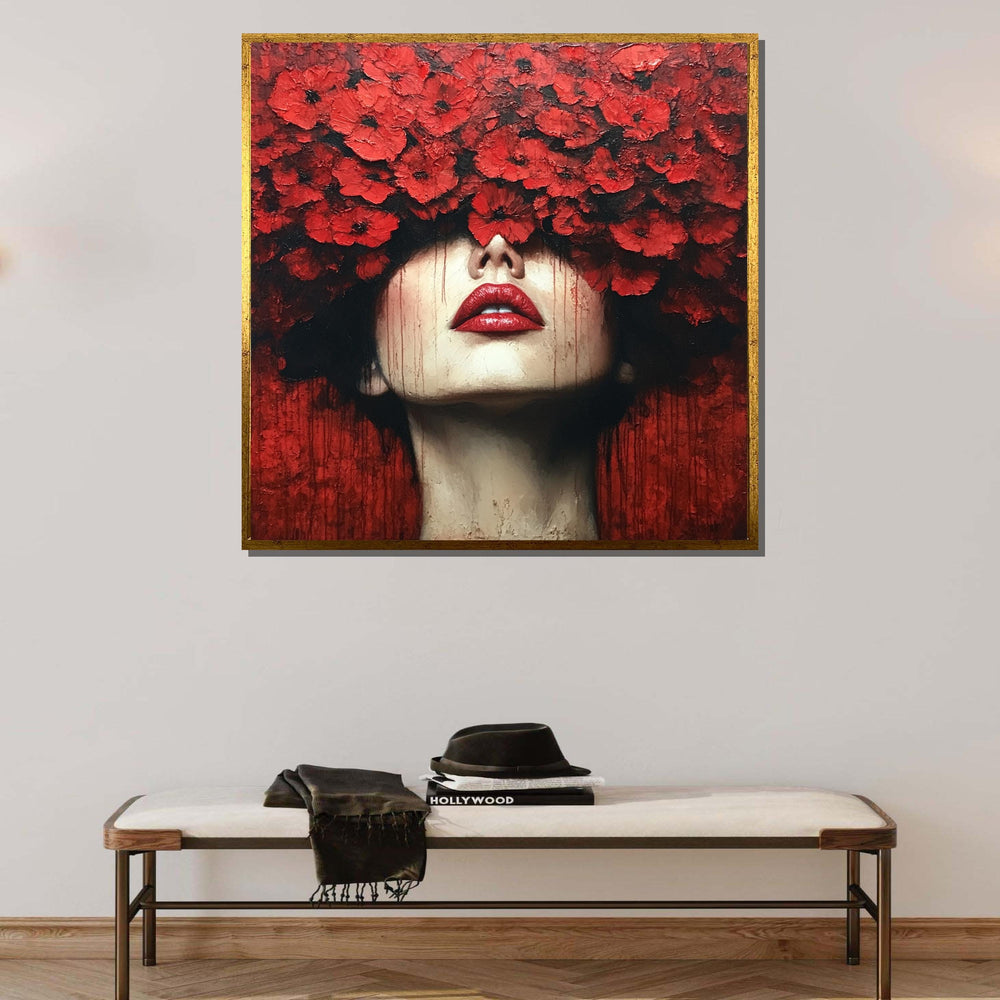 Red Floral Woman Portrait-Bold Artistic Wall Art with Poppies for Contemporary Home Decor,Large Wall Art Living Room Art,Framed Ready toHang