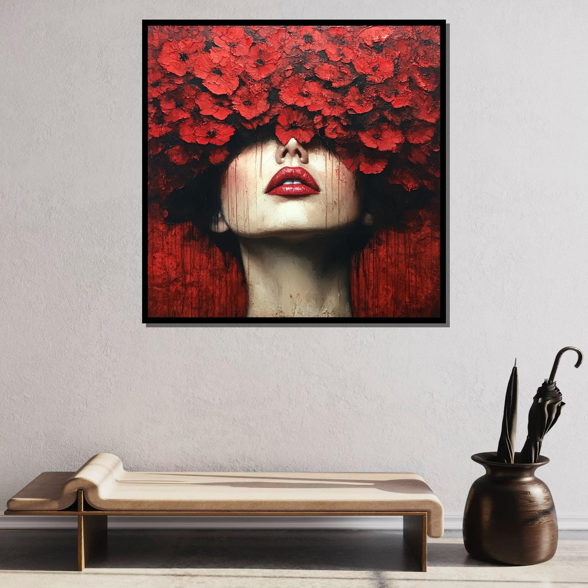 Red Floral Woman Portrait-Bold Artistic Wall Art with Poppies for Contemporary Home Decor,Large Wall Art Living Room Art,Framed Ready toHang